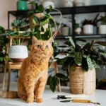 Orange cat sitting on a white table surrounded by green houseplants in a cozy indoor scene.