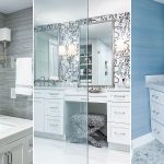Triptych of three bathrooms: left gray vanity with arched mirror; center white vanity with patterned wallpaper and stool; right blue vanity with round mirror and plant
