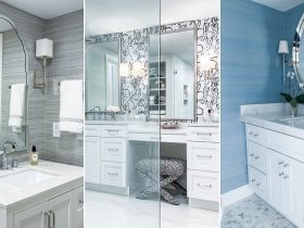Triptych of three bathrooms: left gray vanity with arched mirror; center white vanity with patterned wallpaper and stool; right blue vanity with round mirror and plant