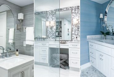 Triptych of three bathrooms: left gray vanity with arched mirror; center white vanity with patterned wallpaper and stool; right blue vanity with round mirror and plant
