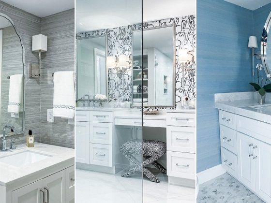 Triptych of three bathrooms: left gray vanity with arched mirror; center white vanity with patterned wallpaper and stool; right blue vanity with round mirror and plant