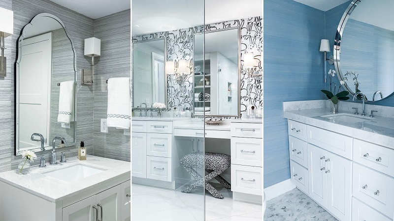 Triptych of three bathrooms: left gray vanity with arched mirror; center white vanity with patterned wallpaper and stool; right blue vanity with round mirror and plant